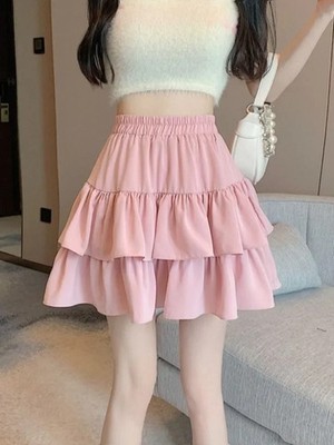2024 New Ruffled Cake Skirts Women High Waist A-line Solid All-match Sweet Lovel