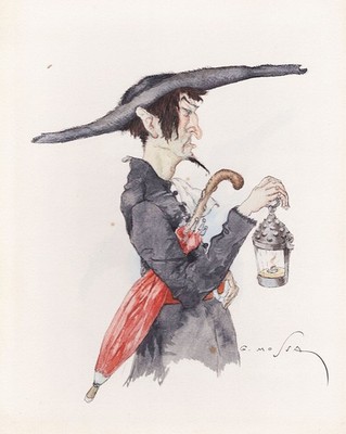 Kleriker cleric caricature Aquarell watercolor drawing Gusatve A. Mossa
