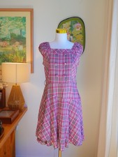 Vintage Pink Plaid Dress Puff Sleeve A-Line Retro Cottagecore Summer