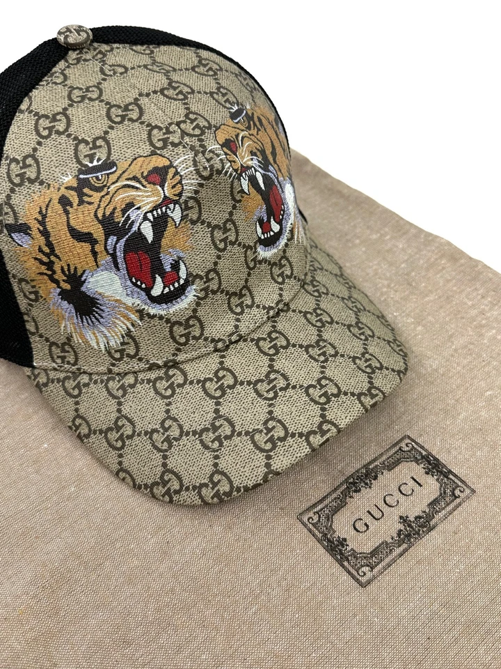 Gucci GG Monogram Tiger Print Mesh Baseball Cap Hat Beige Size L - Image 3 of 4