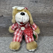 Vintage Commonwealth Tan Brown Puppy Dog Plush, Red White Plaid Suit Hat W/ Tags