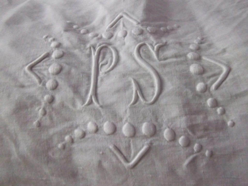 Drap ancien coton ajouré monogramme brodé PS 3,30 x 2,04 - Photo 2/4