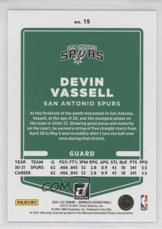 2021-22 Panini Donruss Holo Red Laser /99 Devin Vassell #15 - Image 2 of 2