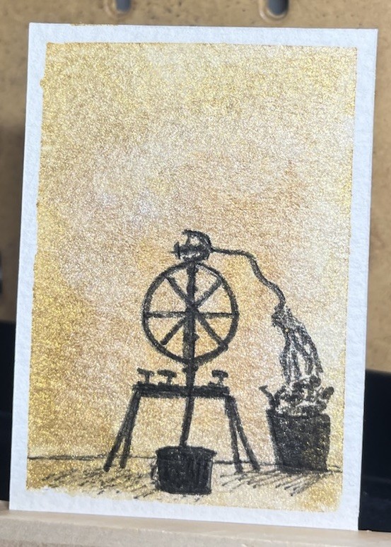 ACEO Original Art Card Watercolor Spinning Wheel Roving  Yarn annesartdesigns