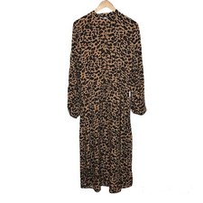 Kirundo Midi Dress Size M Brown Leopard Print Half Button Balloon Sleeves NEW