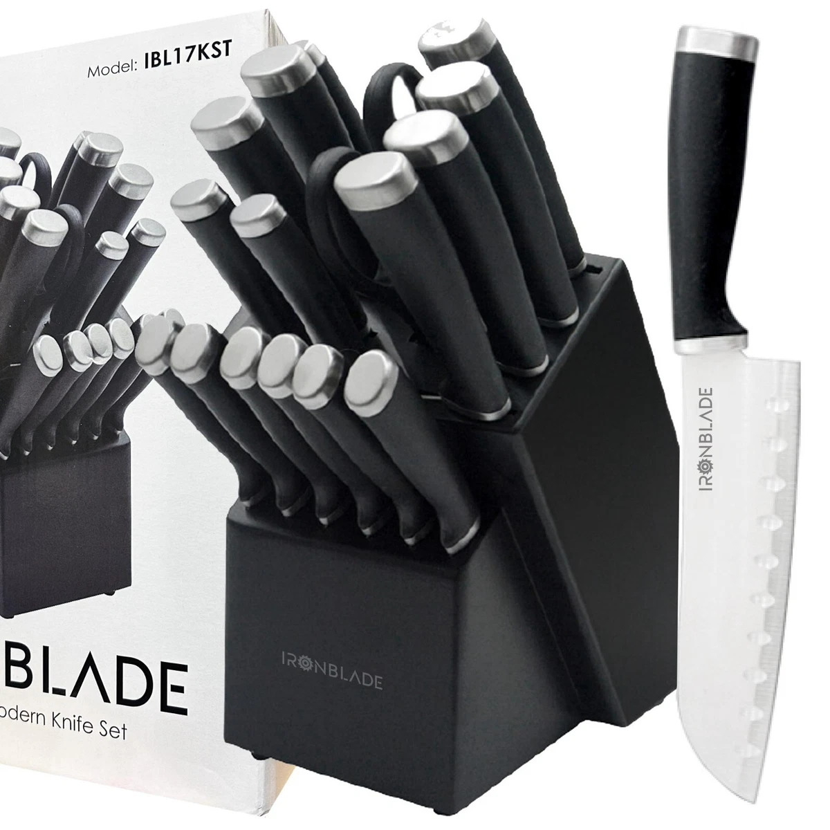 17 Pcs Stainless Steel Knife Block Set, Includes Sharpener, Chef