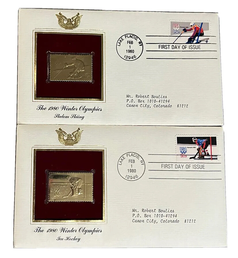 2 WINTER OLYMPICS 1980 1ST DAY ISSUE Gold Stamp Replica Hockey Slalom Skiing FDC