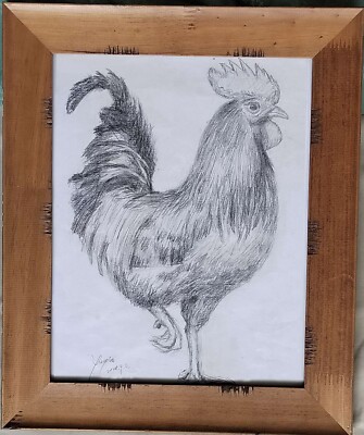 Original Charcoal Sketch Rooster Figure Framed Ready For Display