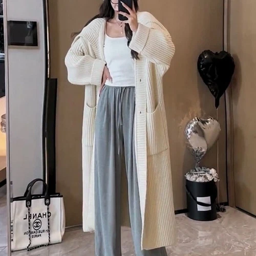 Cárdigan Coreano Suelto Solapa Tejido Medio Largo Nueva Chaqueta Mujeres Suéter Trench - Imagen 4 de 11
