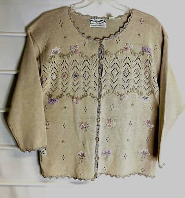 Emerald Isle Beige Button Front Crocheted Embellished 3/4 Sleeve Sweater L EC!