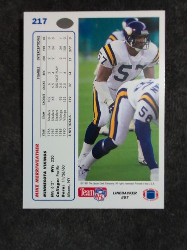 Carta Calcio 1991 Upper Deck Mike Merriweather #217 Minnesota Vikings - Foto 2 di 2