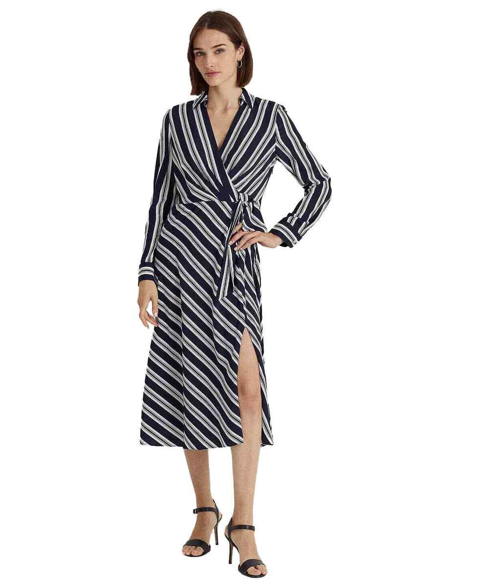 Lauren Ralph Lauren ★【Aライン ドレス】Crepe Striped Lauren Ralph Lauren Women's Navy White Striped Tie-Front