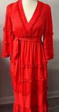 ALEXIS Target red faux wrap long maxi dress, modern, ruffles and belt, size XXS