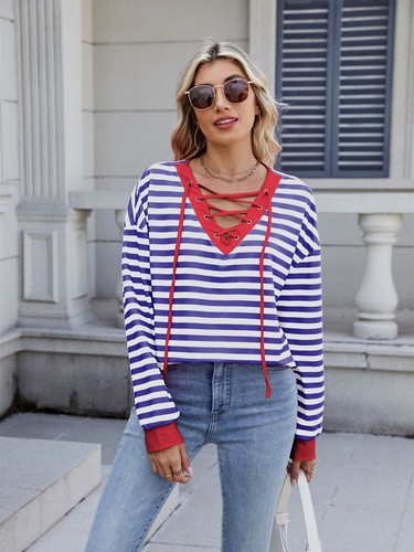 Striped T-Shirt Lace-Up Crisscross V Neck Long Sleeve Blouse Top - Picture 51 of 52