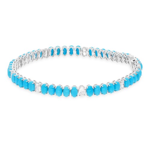 H/SI Oval Diamond Arizona Turquoise Bracelet 10k White Solid Gold Birthday Gift - Picture 4 of 11