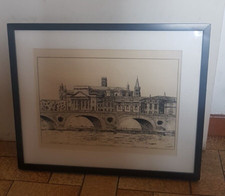 Gravure architecture encadrée du pont neuf de la ville de toulouse