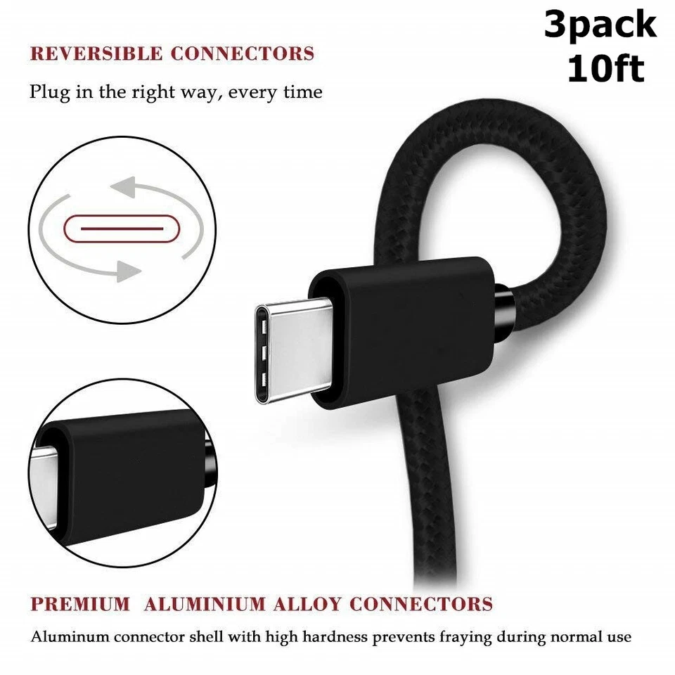 100X 批发 批量 10 英尺 重型 Usb 数据充电线 C 型 Usb-C — 第 2/3 张图片