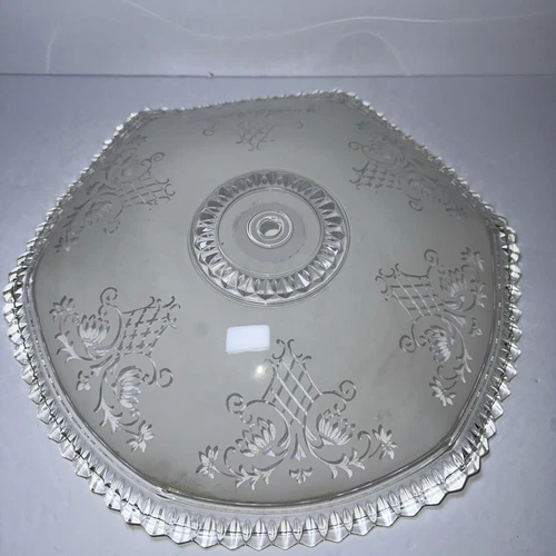 14" VTG Glass Light Shade Ceiling Clear Ivory Floral Frosted Wavey Edge 1 of 2