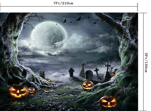 7X5FT Halloween Backdrop Photography Background Horror Moon Night Scary Cemet... - Picture 3 of 7
