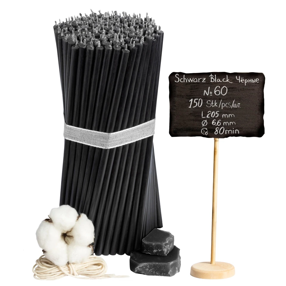⚫ 150x Schwarze Klosterkerzen Nr.60 L 205mm Ø6,6mm ✨ Kirche Ritual Gebet - Bild 1 von 1