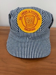 Railroad Conductor's Hat, OIL CREEK TITUSVILLE OC&T, Blue/White Stripes, X-Small
