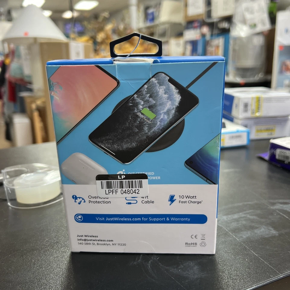 Almohadilla de carga inalámbrica Qi Just Wireless 10W con cable de 4 pies negra CAJA ABIERTA NUEVA Foto 2 de 2