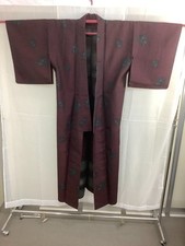 Japanese Vintage Kimono Silk Fabric Wine Red Oshima Expensive Flower 151cm