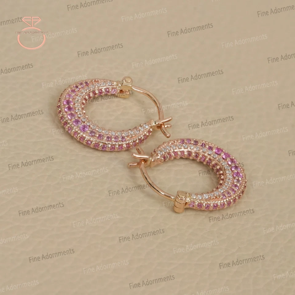Solid 14k Rose Gold Hoop Earrings Natural Pink Sapphire & Diamond Fine Jewelry - Image 4 of 4