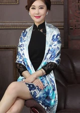 100% Silk mulberry Scarf Women neckerchief Shawl Wrap floral blue white MY118
