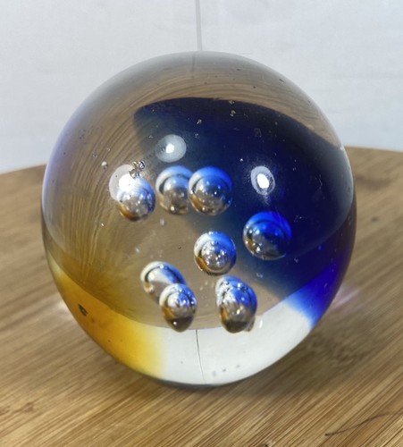 Vtg Blue & Amber Controlled Bubble Murano Art Glass Paperweight Plz See Pic - Picture 4 of 12
