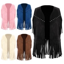 Unisex Kids Coat Tassels Vest Cosplay Waistcoat Fringed Hem Open Front Carnival