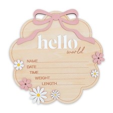 Hello World Wooden Baby Birth Announcement Sign with Pink Bow, Cloud Light Pink