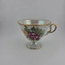 August Poppy Footed Tea Cup Iridescent Lustre Floral Gold Trim Vintage Teacup