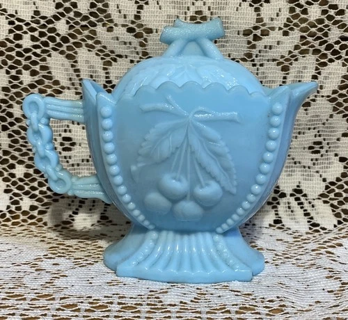 Antique Westmoreland Blue Milk Glass Grape and Cherry Creamer Pitcher with Lid