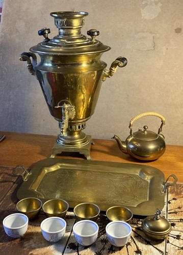 Rare Antique Late 19th Century Brass Russian Samovar Tray Teapot Teacup Set - Picture 2 of 24