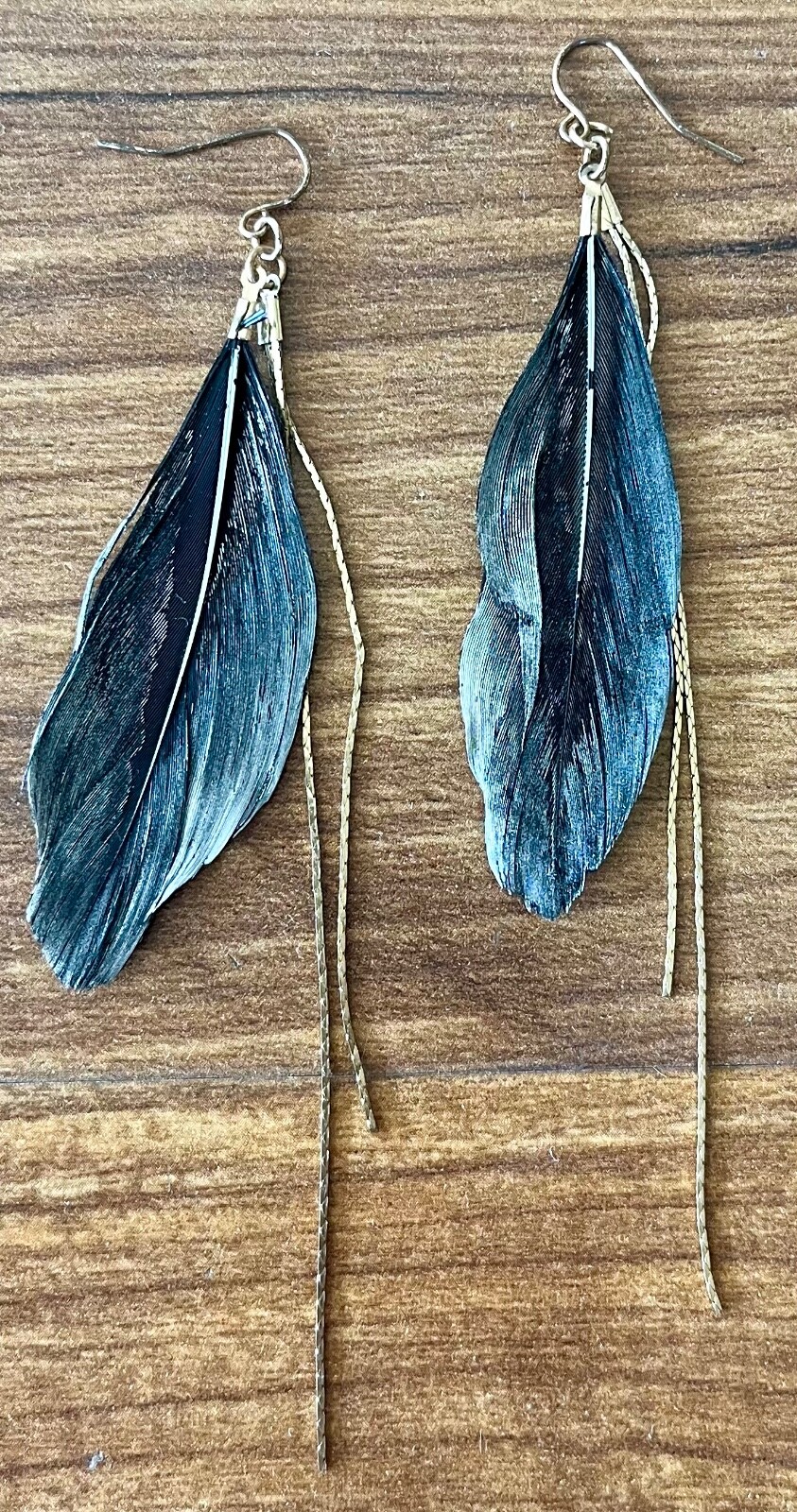 Dark Blue Black Feather Dangle Hook Earrings - image 1