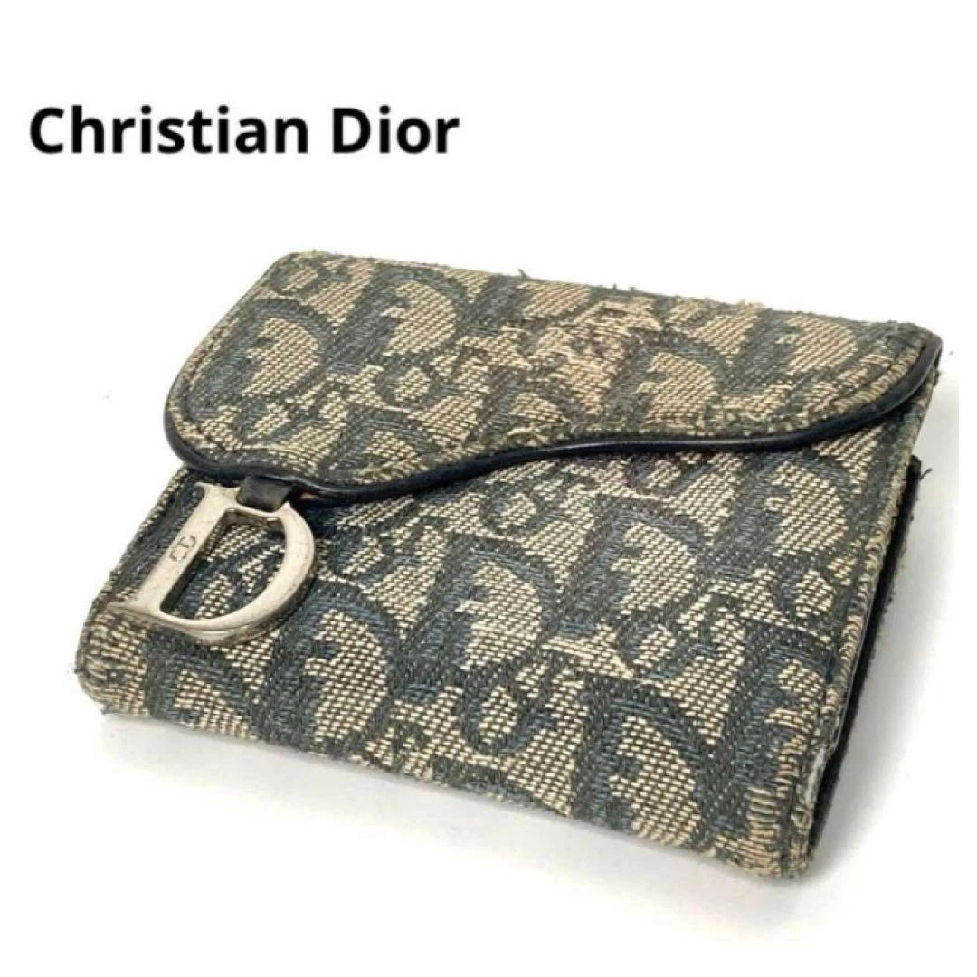 Christian Dior Portefeuille Bifold Selle Gris Cuir Noir Toile Unisexe, Luxe