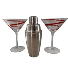 Martini Glasses & Stainless Steel Cocktail Shaker Set Candy cane swirl 18/10