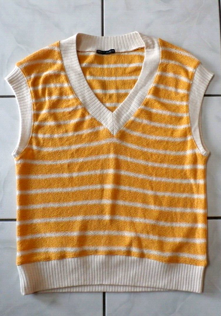 Zara Oversized Striped Knit Sweater Vest V Neck Yellow Size S G875