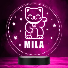 Japanese Lucky Cat Stars Round Personalised Gift Colour Changing Night Light