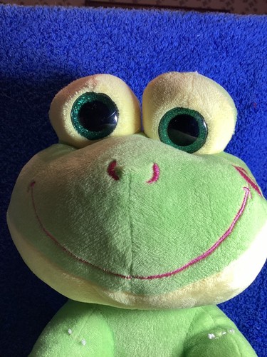 Plush Green Yellow Thread Mouth Green Eyes Frog, 11 Inches Tall. - Picture 2 of 8