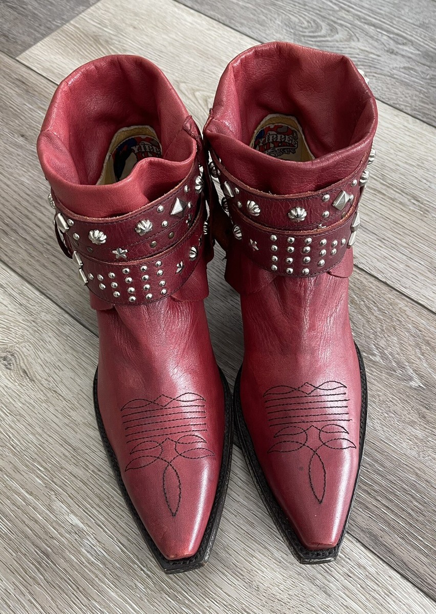 OLD GRINGO Red Leather Slouchy Triple Buckle Studded Western OLD GRINGO Red Leather Slouchy Triple Buckle Studded Western