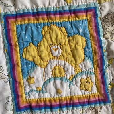 Vtg Hand Made Care Bear Baby Blanket Quilt Comforter 30  Square Used Condition