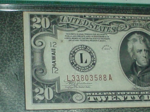 "RARE" HAWAII 1934 $20 "MULE NOTE" (RATED 30 - VERY FINE) WWII EMERGENCY ISSUE - Picture 4 of 12