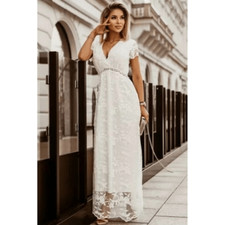Boho White Lace Bridal V-Neck Maxi Dress With Foral Detailing Size XL