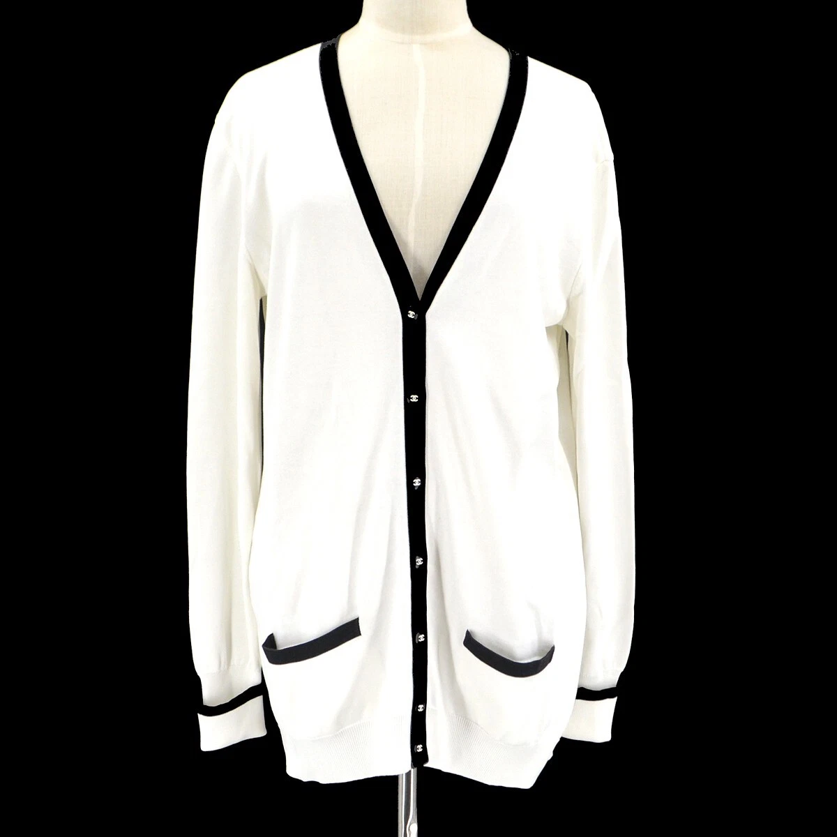 Chanel 44 Long Sleeve Cardigan White Black Bi color 69963