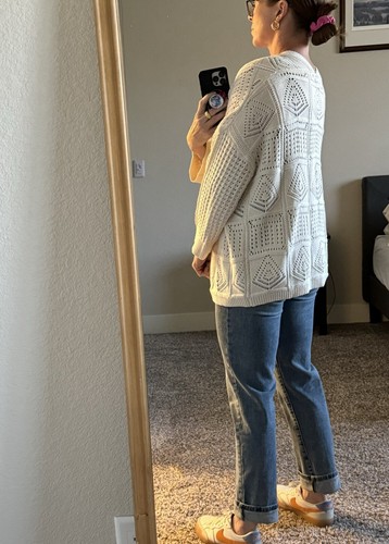 NWT Lucky Brand Open Knit Cardigan Off-White Open Front Crochet Sweater Large - Picture 15 of 15