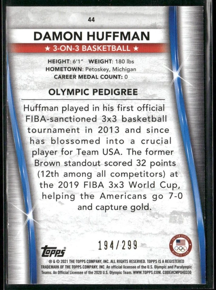 2021 Topps U.S. Olympic & Hopefuls Damon Huffman US Flag /299 #44 - Image 2 of 2