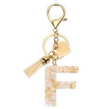 Alphabet Initial Letter Keychain Cute Charm with Tassel Heart Letter F Beige