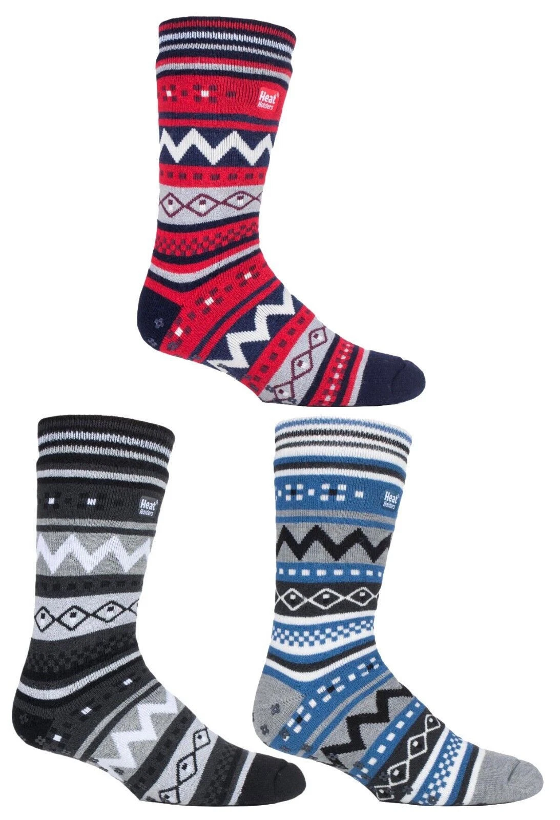 Heat Holders - Mens Fairisle Patterned Non Slip Thermal Slipper Socks with Grips